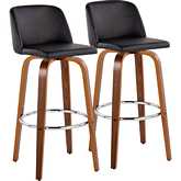 Toriano 30" Swivel Bar Stool in Walnut Wood & Black Leatherette with Chrome Footrest (Set of 2)